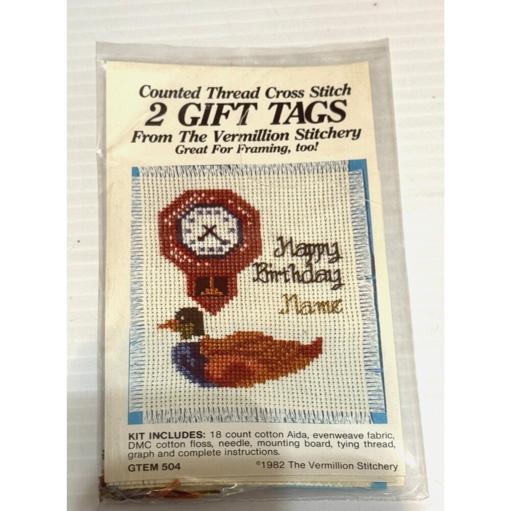 NEW Vermillion Stitchery 2 Gift Tags Cross Stitch Kit Birthday Duck GTEM504